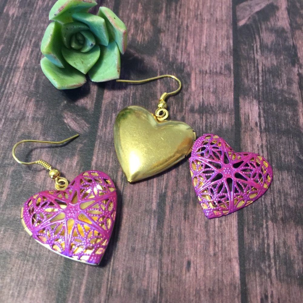 pink & iridescent purple heart locket earrings - Picture 7 of 9